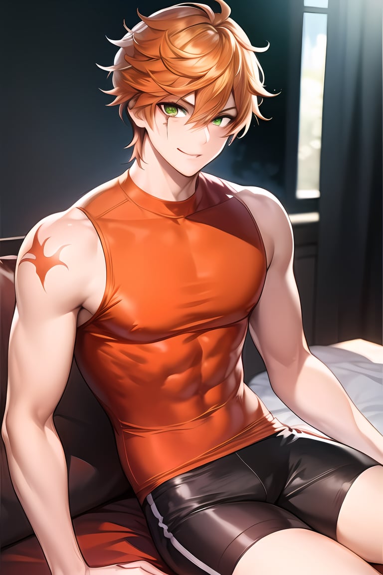 Looking at viewer, male_focus, upper_body, 1boy,
,Roi,Orange hair,Green eyes, scar on face, t-shirt,sleeveless, sitting on bed, 