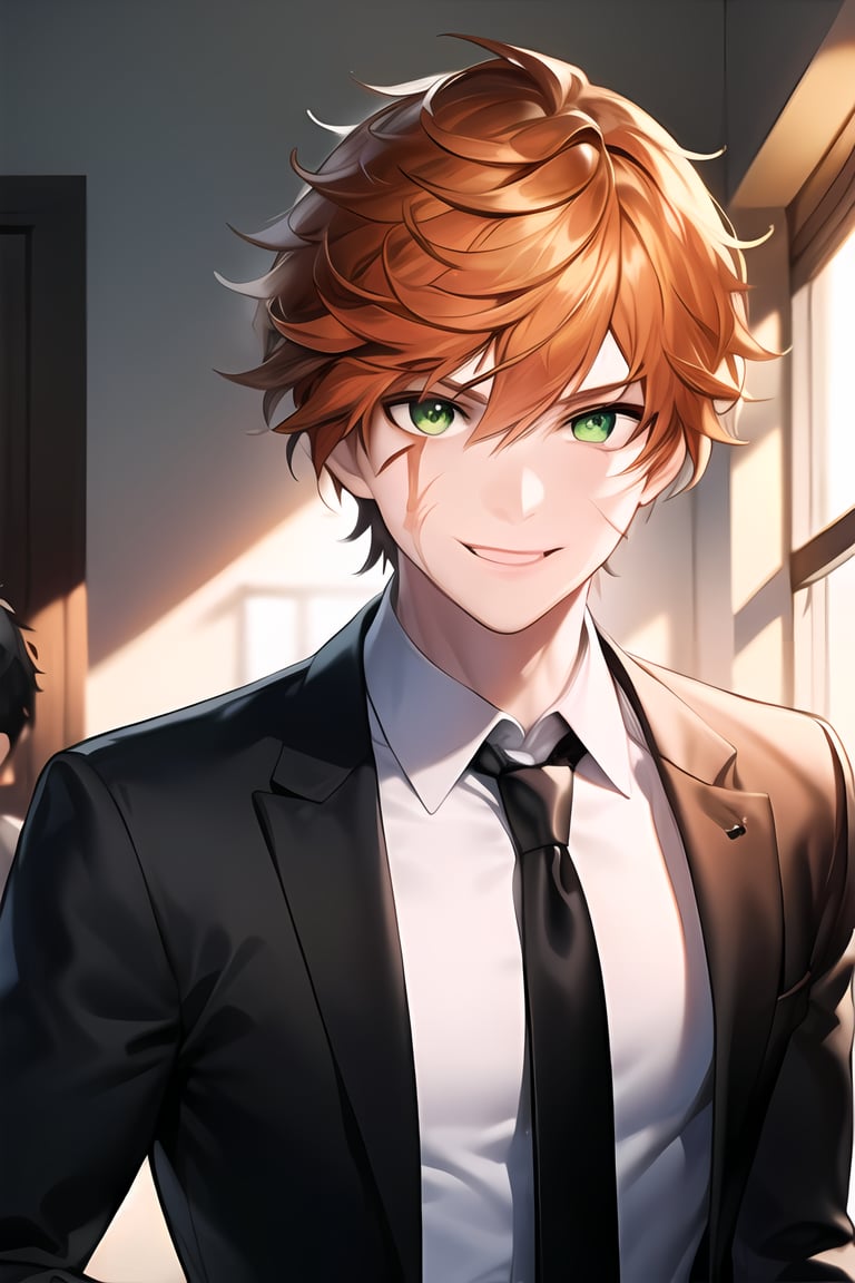 Looking at viewer, male_focus, upper_body, 1boy, indoors, window, light ray, 
,Roi,Orange hair,Green eyes, smile, t-shirt, scar on face,  dress_shirt, tie, black jacket, close_up,