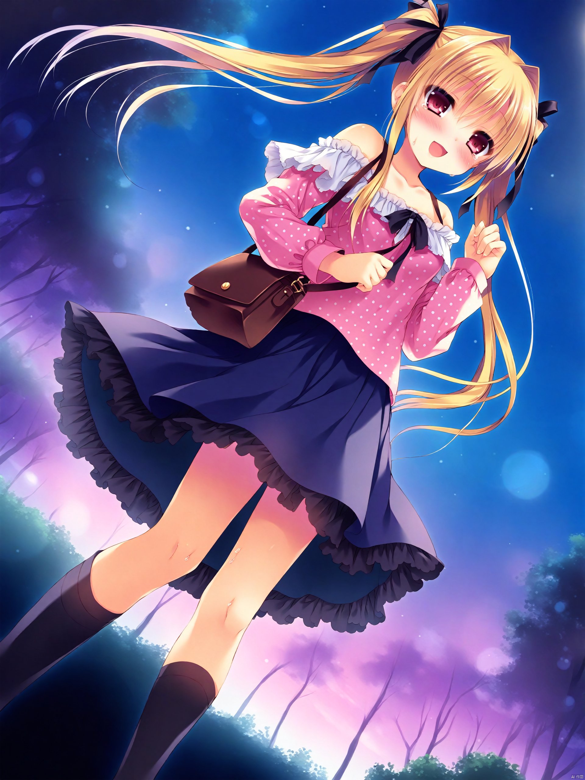 Best-A,0b90df0a877f68a0,1girl, \:d, arm_at_side, bag, bare_shoulders, black_ribbon, black_socks, blonde_hair, blue_skirt, blue_sky, blush, breasts, bridal_garter, buckle, bush, cloud, collarbone, day, dutch_angle, eyebrows, forest, frilled_skirt, frills, game_cg, grass, hair_intakes, hair_ribbon, handbag, highres, kneehighs, lens_flare, light_rays, long_hair, long_sleeves, looking_at_viewer, mia_\(shiniyuku_kimi_yakata_ni_mebuku_zouo\), nature, off-shoulder_shirt, off_shoulder, open_mouth, outdoors, over_shoulder, pink_eyes, pink_shirt, plant, polka_dot, polka_dot_shirt, ribbon, 0b90df0a877f68a0, shiniyuku_kimi_yakata_ni_mebuku_zouo, shirt, skirt, sky, small_breasts, smile, socks, solo, sunlight, sweat, tears, tree, twintails, very_long_hair, walking, white_ribbon, wind