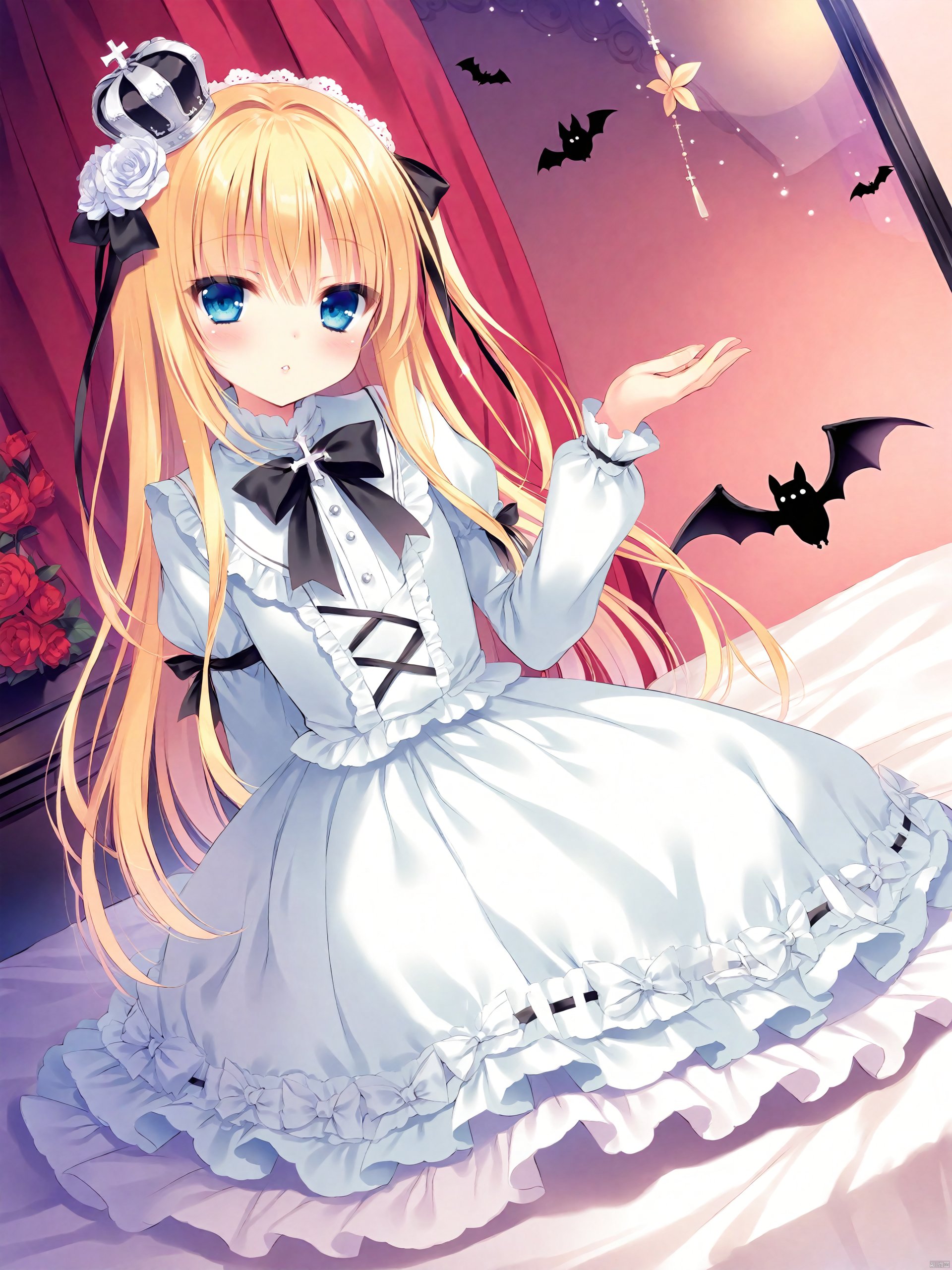 Best-A,0b90df0a877f68a0,1girl, absurdres, bat_\(animal\), bed_sheet, black_bow, black_ribbon, blonde_hair, blue_eyes, bow, bowtie, cross, crown, dress, flower, hair_flower, hair_ornament, highres, lolita_fashion, long_hair, looking_at_viewer, mini_crown, mirror, original, parted_lips, red_flower, ribbon, 0b90df0a877f68a0, sitting, solo, very_long_hair