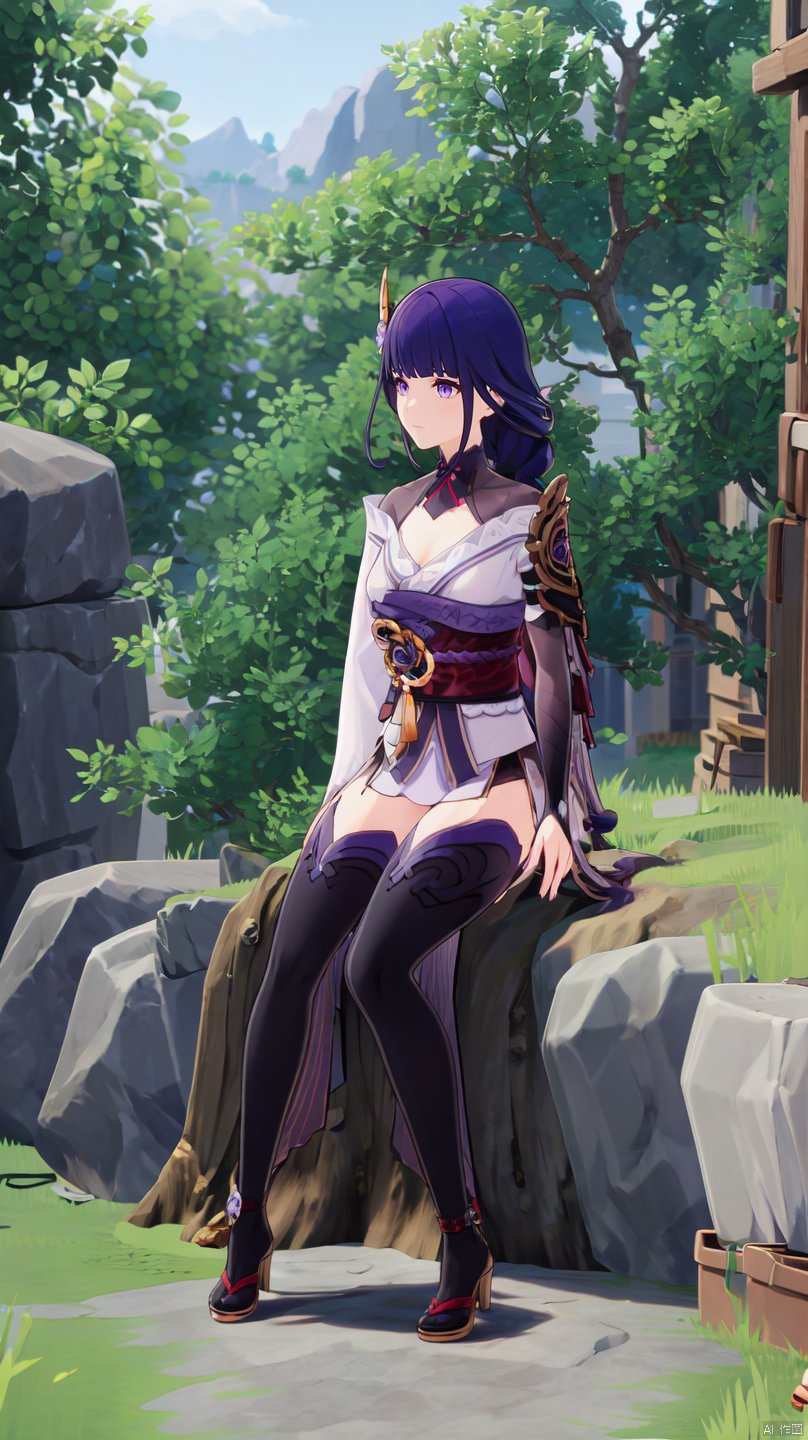 a girl,purple eyes,fu_r_y,mature_female,short_twintails,full_body,sit down,purple hair,