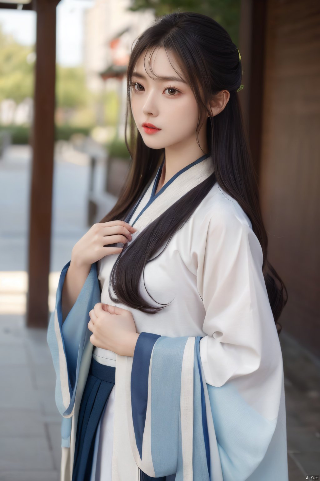  Best quality, masterpiece, ultra high res, (photorealistic:1.2), a girl,Depth of field,1girl,solo,Hashimoto_Kanna,school uniform, hanfu, calligraphic, song_hanfu