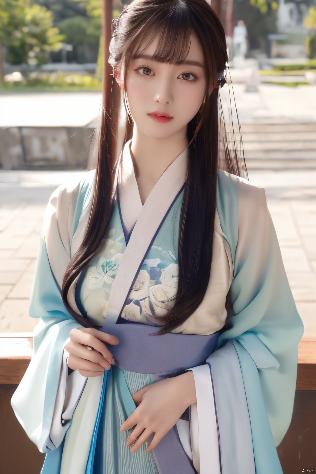  Best quality, masterpiece, ultra high res, (photorealistic:1.2), a girl,Depth of field,1girl,solo,Hashimoto_Kanna,school uniform, hanfu, calligraphic, song_hanfu