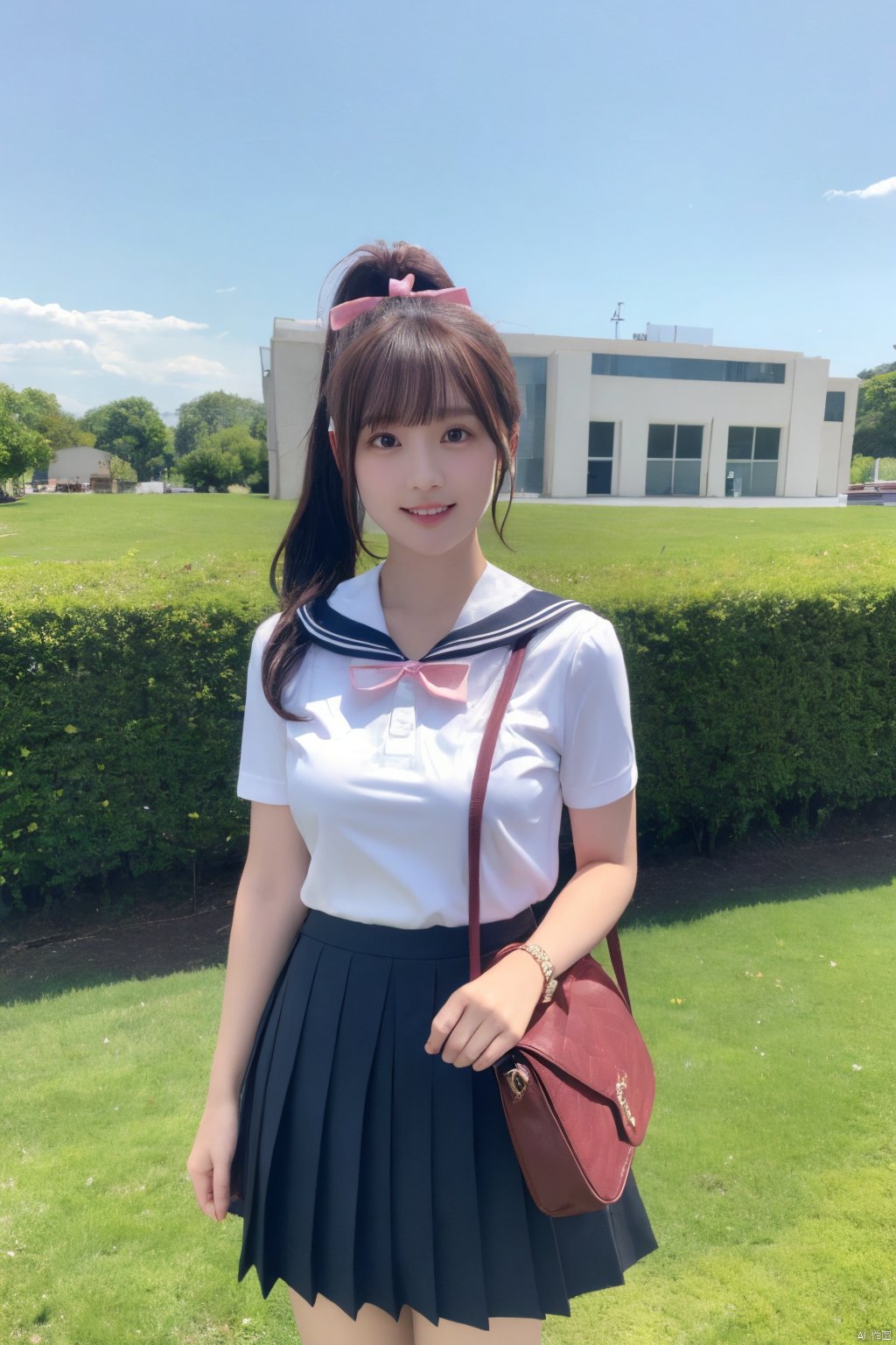  jk2, 1girl, solo, school uniform, skirt, bag, ponytail, long hair, serafuku, smile, ribbon, outdoors, short sleeves, pleated skirt, bracelet, hair ribbon, sailor collar, shirt, day, black hair, pink ribbon, school bag, sky, blue sky, jewelry, standing, black skirt, white shirt, brown hair, jk, Nakagawa_Kokoro, Hashimoto_Kanna