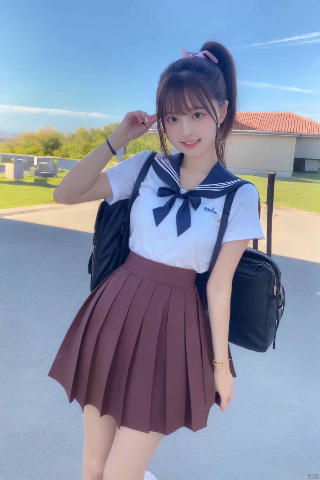  jk2, 1girl, solo, school uniform, skirt, bag, ponytail, long hair, serafuku, smile, ribbon, outdoors, short sleeves, pleated skirt, bracelet, hair ribbon, sailor collar, shirt, day, black hair, pink ribbon, school bag, sky, blue sky, jewelry, standing, black skirt, white shirt, brown hair, jk, Nakagawa_Kokoro, Hashimoto_Kanna