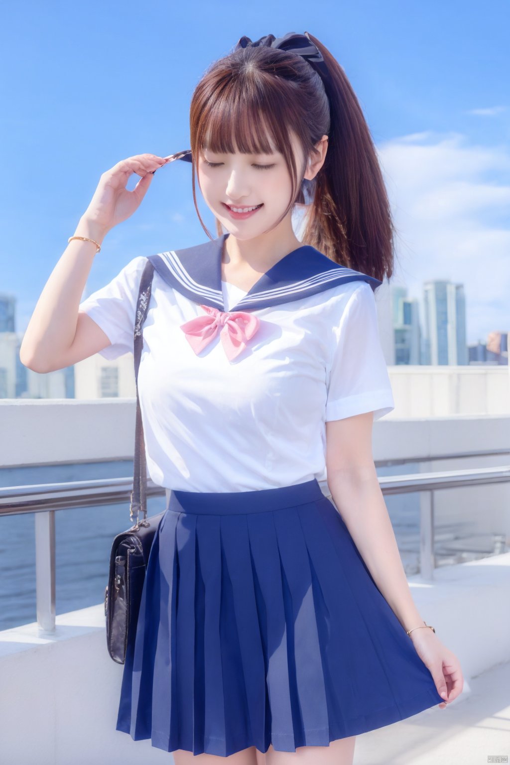  jk2, 1girl, solo, school uniform, skirt, bag, closed eyes, ponytail, long hair, serafuku, smile, ribbon, outdoors, short sleeves, pleated skirt, bracelet, hair ribbon, sailor collar, shirt, day, black hair, pink ribbon, school bag, sky, blue sky, jewelry, standing, black skirt, white shirt, brown hair, jk, Nakagawa_Kokoro, Hashimoto_Kanna