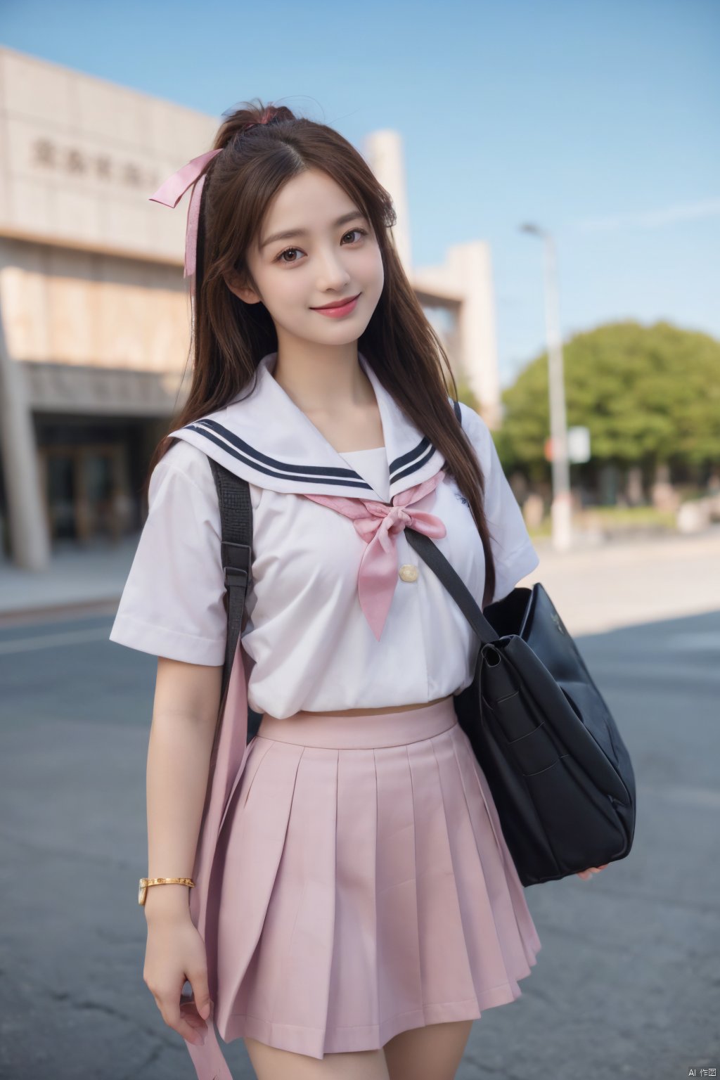  jk2, 1girl, solo, school uniform, skirt, bag, ponytail, long hair, serafuku, smile, ribbon, outdoors, short sleeves, pleated skirt, bracelet, hair ribbon, sailor collar, shirt, day, black hair, pink ribbon, school bag, sky, blue sky, jewelry, standing, black skirt, white shirt, brown hair, jk, Nakagawa_Kokoro, Hashimoto_Kanna