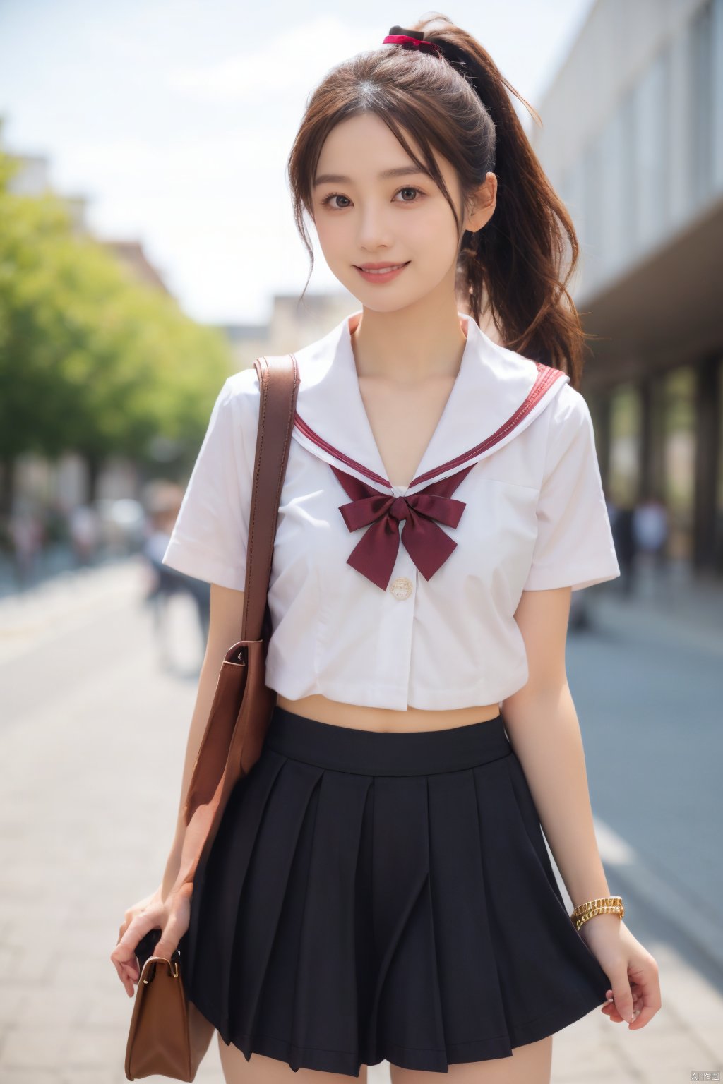  jk2, 1girl, solo, school uniform, skirt, bag, ponytail, long hair, serafuku, smile, ribbon, outdoors, short sleeves, pleated skirt, bracelet, hair ribbon, sailor collar, shirt, day, black hair, pink ribbon, school bag, sky, blue sky, jewelry, standing, black skirt, white shirt, brown hair, jk, Nakagawa_Kokoro, Hashimoto_Kanna