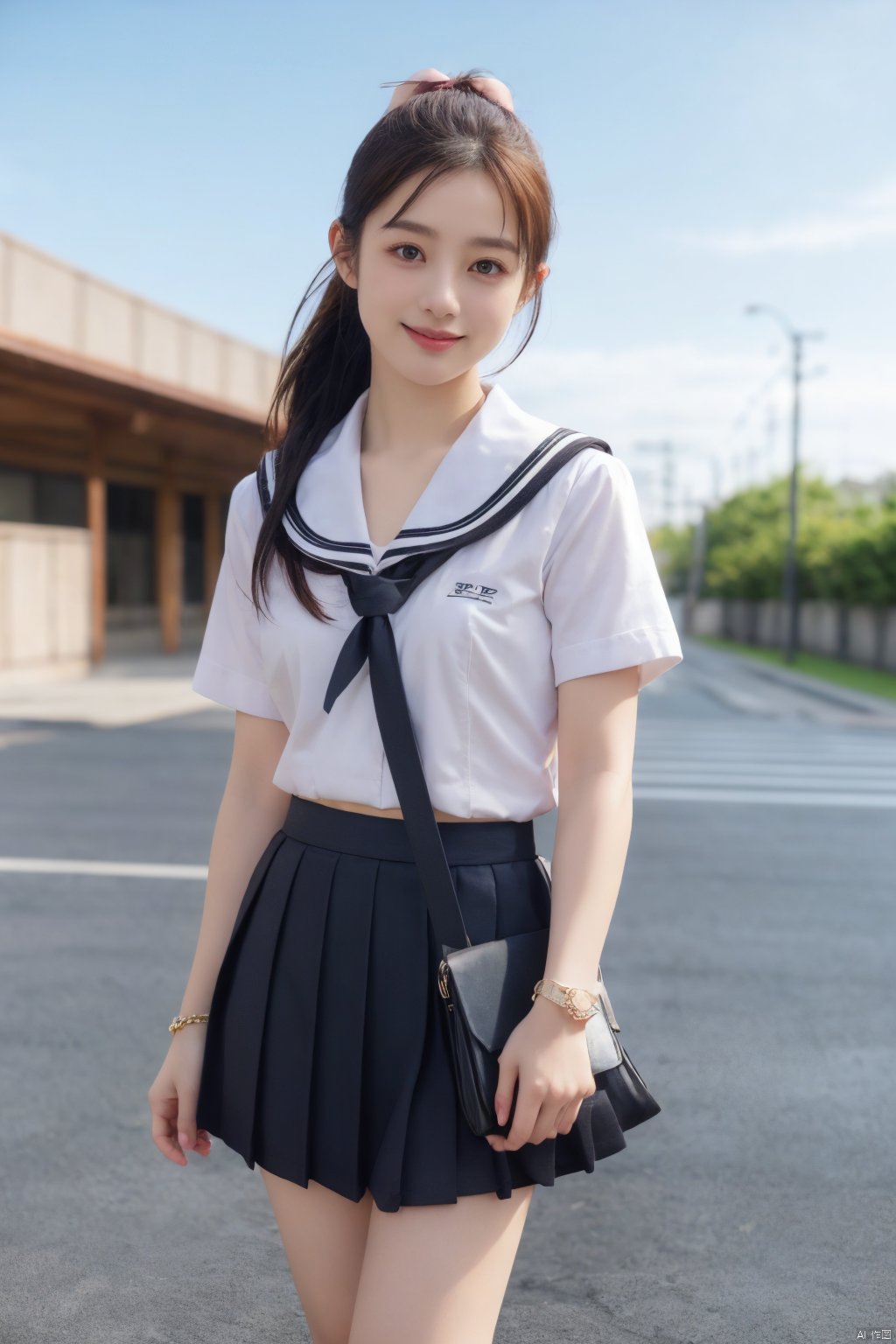  jk2, 1girl, solo, school uniform, skirt, bag, ponytail, long hair, serafuku, smile, ribbon, outdoors, short sleeves, pleated skirt, bracelet, hair ribbon, sailor collar, shirt, day, black hair, pink ribbon, school bag, sky, blue sky, jewelry, standing, black skirt, white shirt, brown hair, jk, Nakagawa_Kokoro, Hashimoto_Kanna