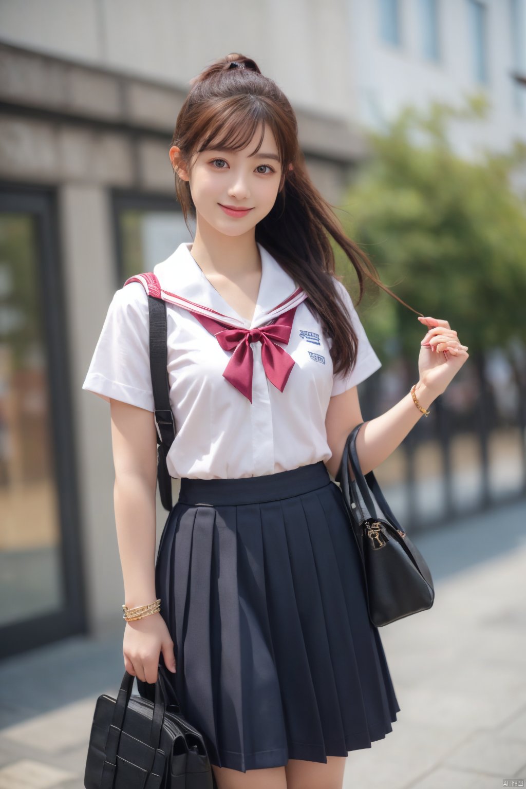  jk2, 1girl, solo, school uniform, skirt, bag, ponytail, long hair, serafuku, smile, ribbon, outdoors, short sleeves, pleated skirt, bracelet, hair ribbon, sailor collar, shirt, day, black hair, pink ribbon, school bag, sky, blue sky, jewelry, standing, black skirt, white shirt, brown hair, jk, Nakagawa_Kokoro, Hashimoto_Kanna