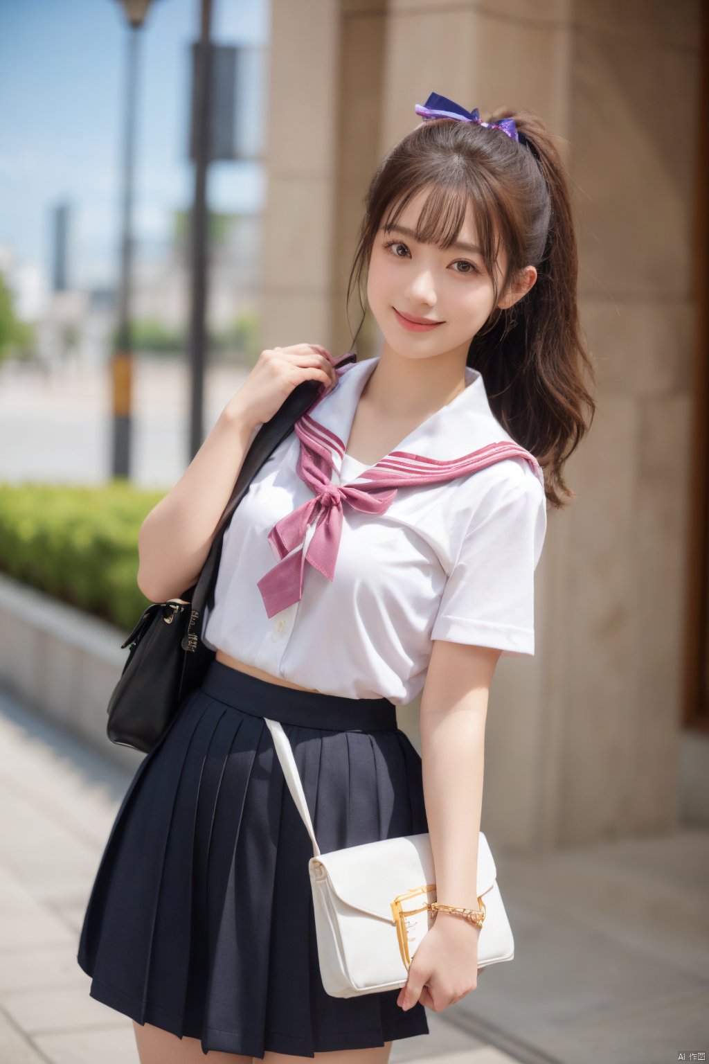  jk2, 1girl, solo, school uniform, skirt, bag, ponytail, long hair, serafuku, smile, ribbon, outdoors, short sleeves, pleated skirt, bracelet, hair ribbon, sailor collar, shirt, day, black hair, pink ribbon, school bag, sky, blue sky, jewelry, standing, black skirt, white shirt, brown hair, jk, Nakagawa_Kokoro, Hashimoto_Kanna