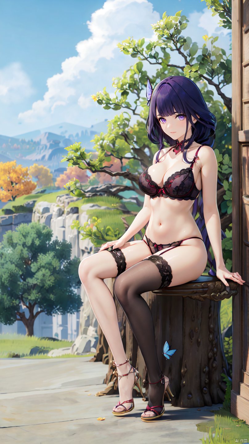  a girl,purple eyes,fu_r_y,mature_female,short_twintails,full_body,,1girl,front view,sit down,bright light,solo,breasts,looking at viewer,sky,bluesky,bug,butterfly,branch,,sexy lingerie,