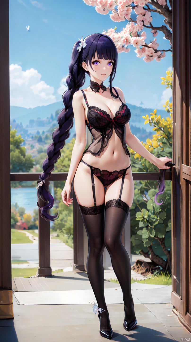  a girl,purple eyes,fu_r_y,mature_female,short_twintails,full_body,,1girl,front view,sit down,bright light,solo,breasts,looking at viewer,sky,bluesky,bug,butterfly,branch,,sexy lingerie,