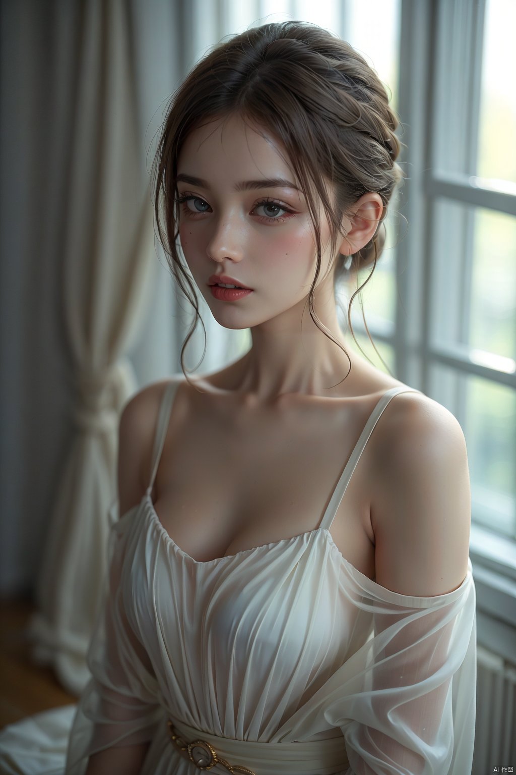 yy, 1girl, solo, bare shoulders, lips, brown hair, blue eyes, upper body, blurry, realistic, collarbone, blurry background, curtains, dress, window, looking to the side, looking away, indoors, black hair