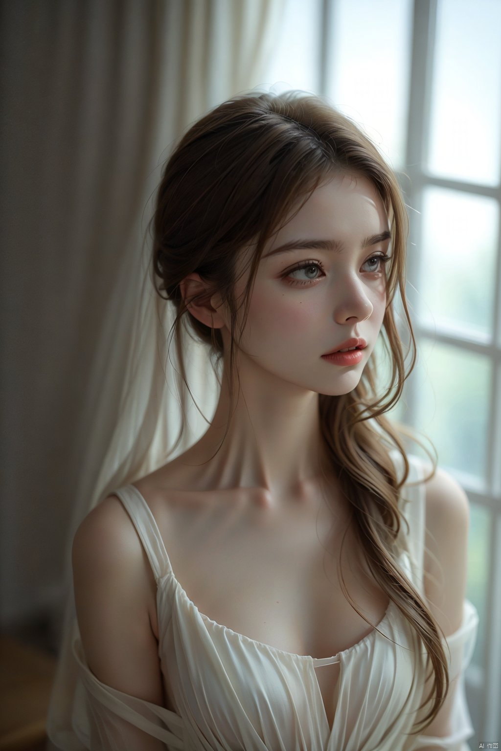 yy, 1girl, solo, brown hair, lips, curtains, realistic, looking to the side, looking away, upper body, blurry, bare shoulders, blurry background, brown eyes, collarbone, long hair, closed mouth, breasts