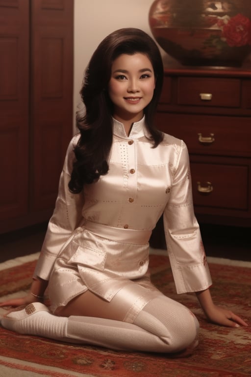 4k ultra high resolution, girl, wearing vintage print Cheongsam Collar Goth Thigh-high Slit long Qipao, wavy hair, slim long hour-glass body shape, (RAW photo, best quality), photorealistic, sitting on her legs, over an elegant persian carpet full_body, (soft lighting), close view, DD_v1,photorealistic,realistic,nodf_lora,Mecha body,tranzp