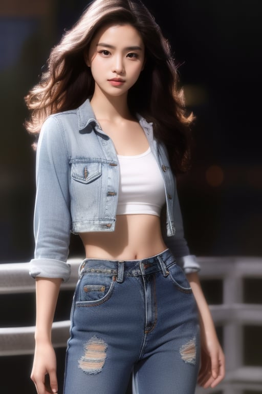 4k ultra high resolution, girl, wearing denim jack and trouser, wavy hair, slim long hour-glass body shape, (RAW photo, best quality), photorealistic, full_body, (soft lighting), close view, photorealistic,realistic,nodf_lora,,tranzp