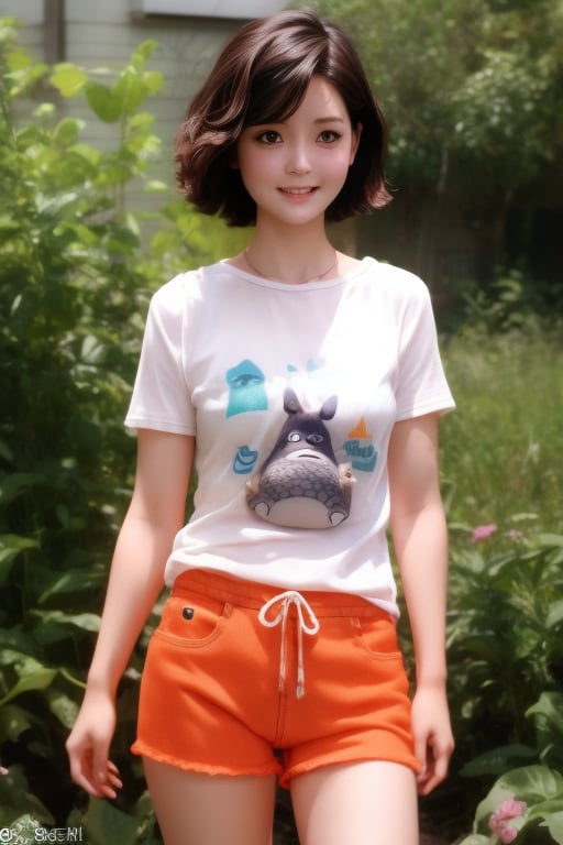 4k ultra high resolution, girl, orange shorts, cute totoro shirt,  short hair, slim long hour-glass body shape, (RAW photo, best quality), photorealistic, full_body, (soft lighting), close view, photorealistic,realistic,nodf_lora,,tranzp