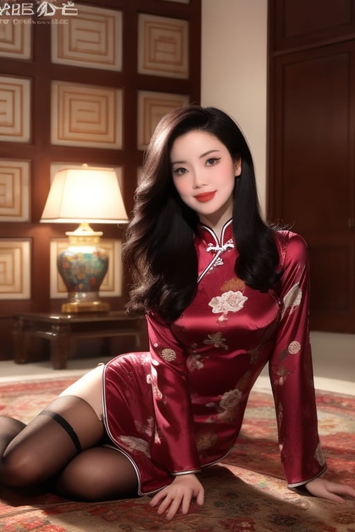 4k ultra high resolution, girl, wearing vintage print Cheongsam Collar Goth Thigh-high Slit long Qipao, wavy hair, slim long hour-glass body shape, (RAW photo, best quality), photorealistic, sitting on her legs, over an elegant persian carpet full_body, (soft lighting), close view, DD_v1,photorealistic,realistic,nodf_lora,Mecha body,tranzp