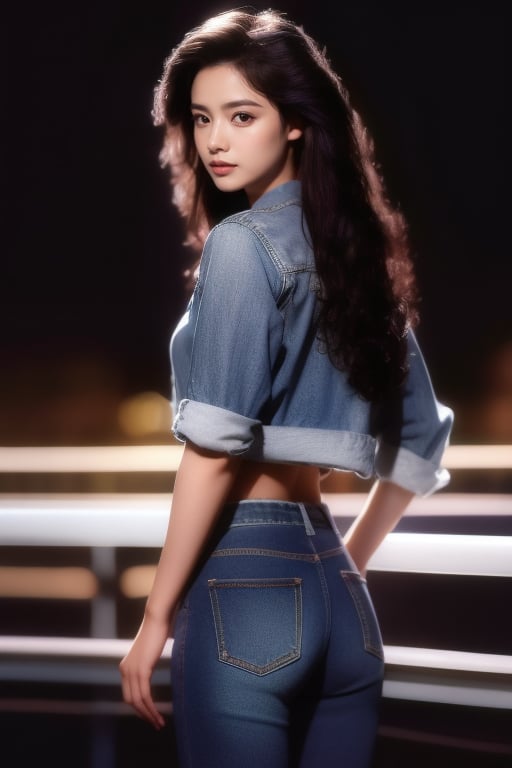 4k ultra high resolution, girl, wearing denim jack and trouser, wavy hair, slim long hour-glass body shape, (RAW photo, best quality), photorealistic, full_body, (soft lighting), close view, photorealistic,realistic,nodf_lora,,tranzp