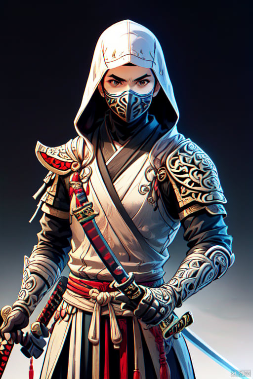 ninja, 1boy, solo, looking at viewer, gloves, male focus, black gloves, sword, hood, armor, mask, katana, shoulder armor, mouth mask, japanese armor, (masterpiece, best quality, perfect composition, very aesthetic, absurdres, ultra-detailed, intricate details, Professional, official art, Representative work:1.3)