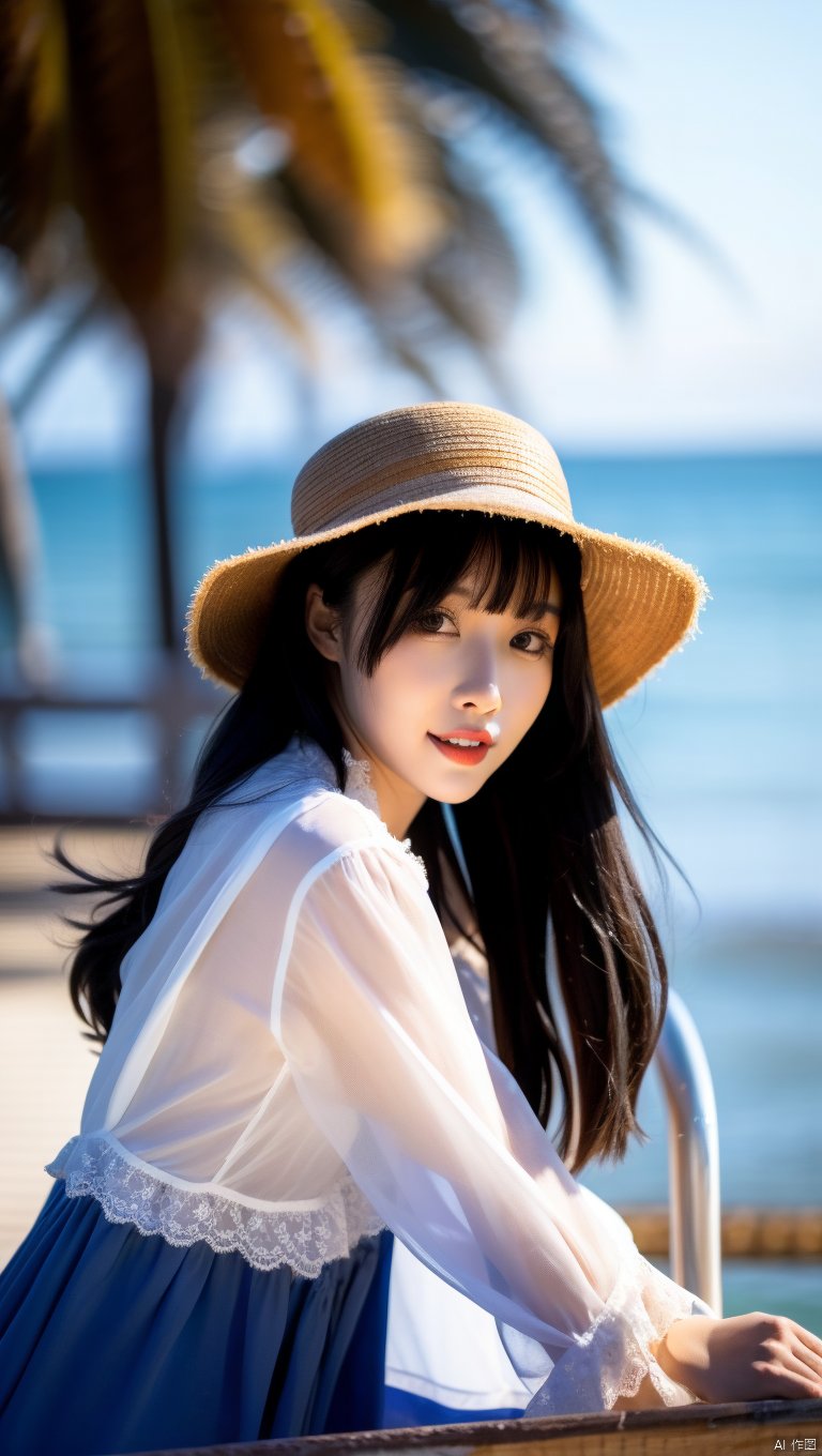  1girl, hat, long hair, solo, outdoors, black hair, dress, white dress, sun hat, looking at viewer, day, black eyes, chair, beach, ocean, blurry, smile, parted lips, dutch angle, straw hat, lipstick, bangs, standing, from side, makeup, water, scenery, sky, teeth, red lips, lips, brown eyes, blurry background, holding, depth of field, sitting, realistic, looking to the side, long sleeves, railing, pale skin, looking back, shore, leaning forward, sundress, breasts, blunt bangs, see-through, brown hair, umbrella