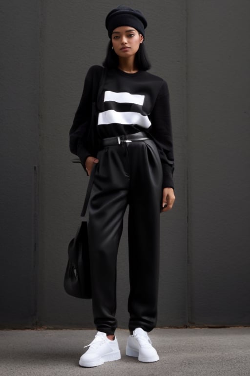 bellissima, Armani style, studio light, 1girl, solo,looking at viewer, shirt, black hair, long sleeves, hat, standing, full body, shoes, pants, black footwear, black eyes, black shirt, black headwear, black pants, sneakers, hand in pocket, beanie, fashion