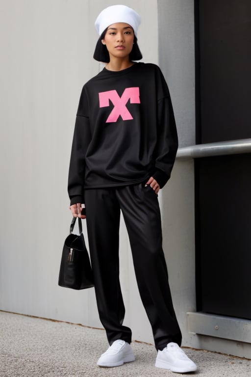 bellissima, Armani style, studio light, 1girl, solo,looking at viewer, shirt, black hair, long sleeves, hat, standing, full body, shoes, pants, black footwear, black eyes, black shirt, black headwear, black pants, sneakers, hand in pocket, beanie, fashion