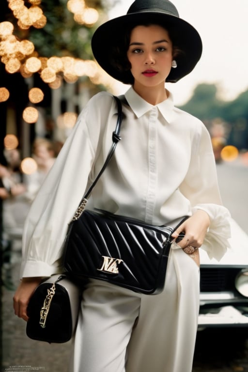 cinematic photo cinematic photo,bellissima, Armani style, studio light, 1girl, solo, looking at viewer, short hair, shirt, black hair, long sleeves, hat, holding, standing, full body, white shirt, parted lips, pants, bag, lips, black headwear, sandals, handbag, realistic, white pants, holding bag,by Ellen von Unwerth, 35mm photograph, film, bokeh, professional, 4k, highly detailed,by Ellen von Unwerth, 35mm photograph, film, bokeh, professional, 4k, highly detailed