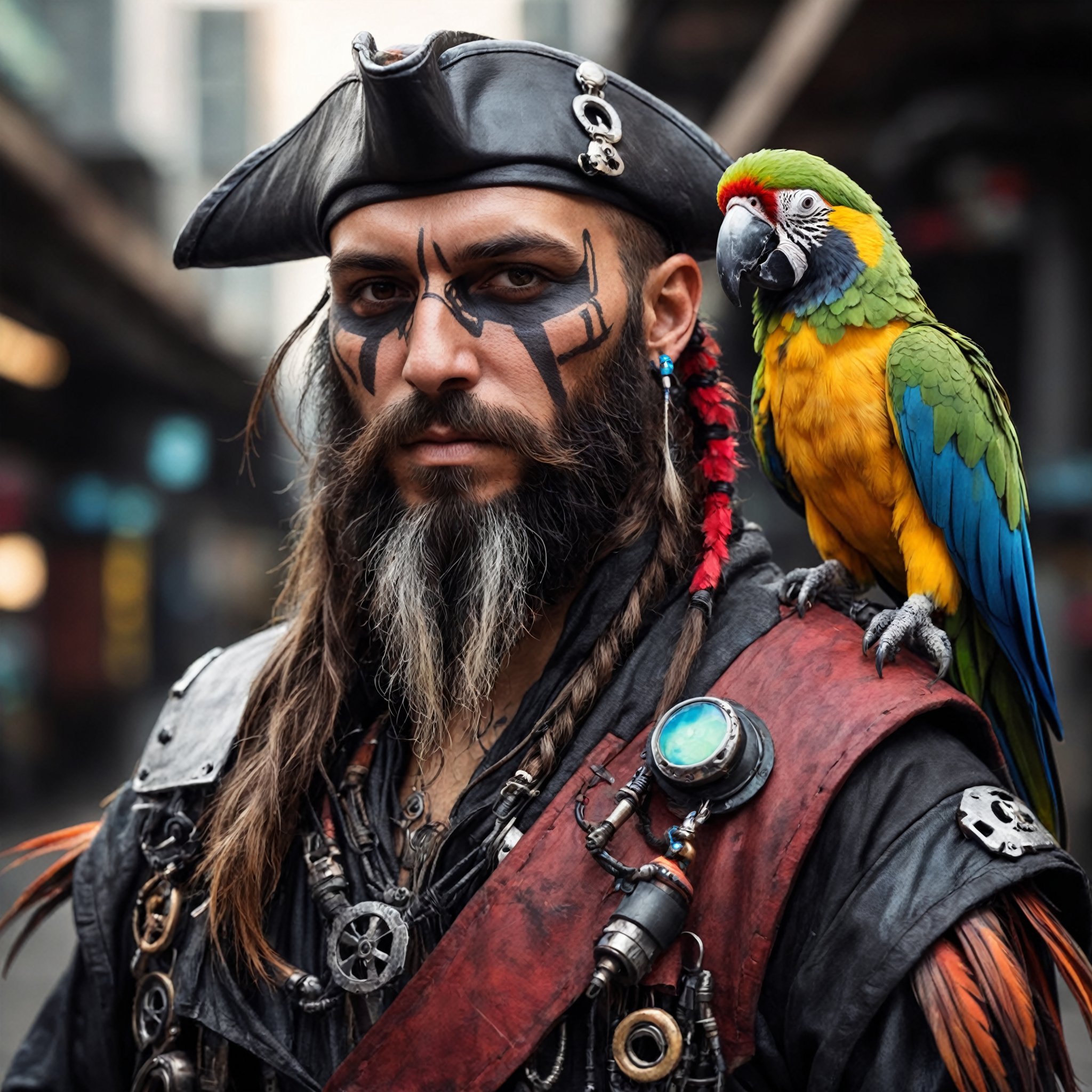 face portrait of a cyberpunk pirate woth a parrot on his shoulders, long beard, best quality