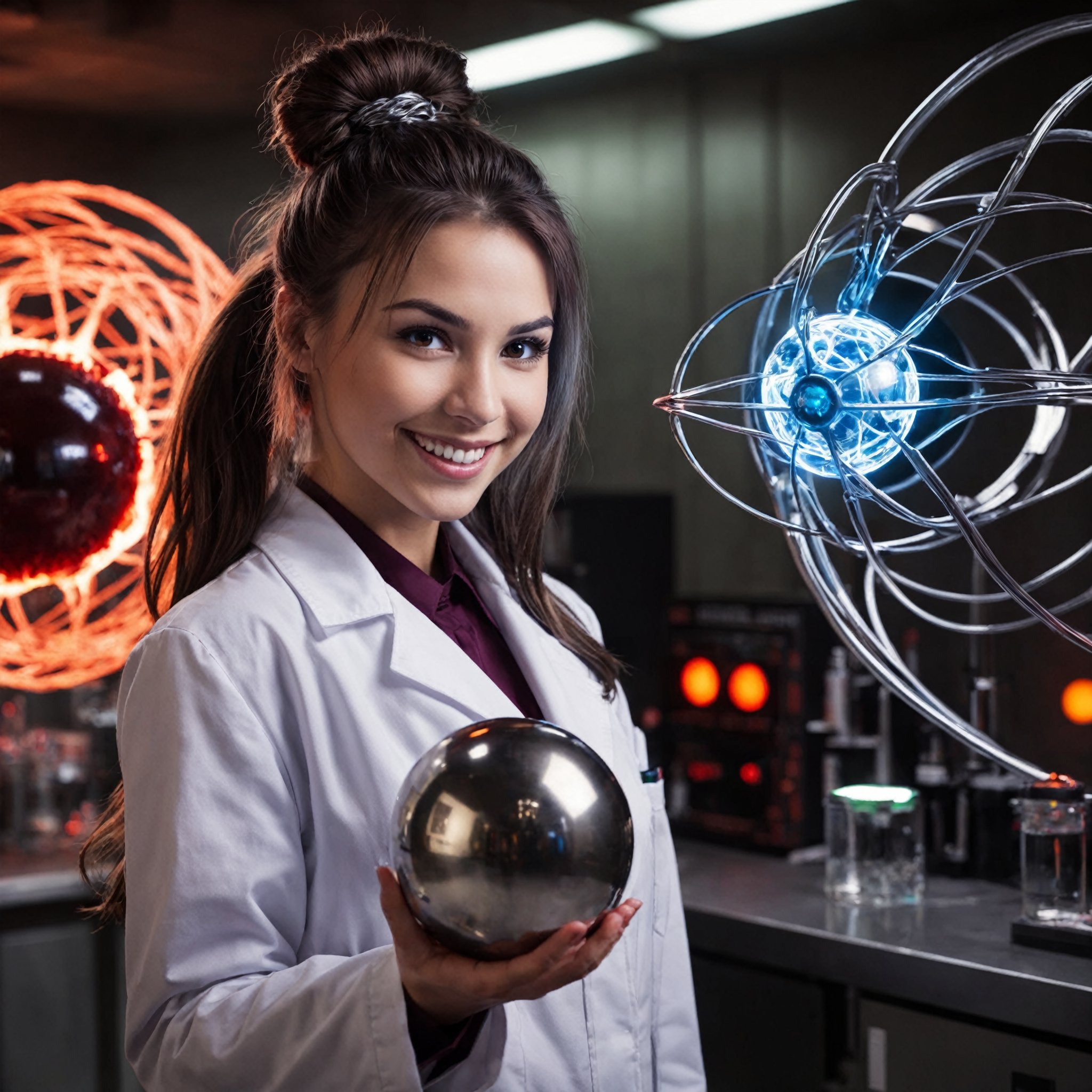  photo, a science lab, glowing metal ball attached, a sexy scientist_young woman standing next to the demon core, hairknot, smiling, science coat