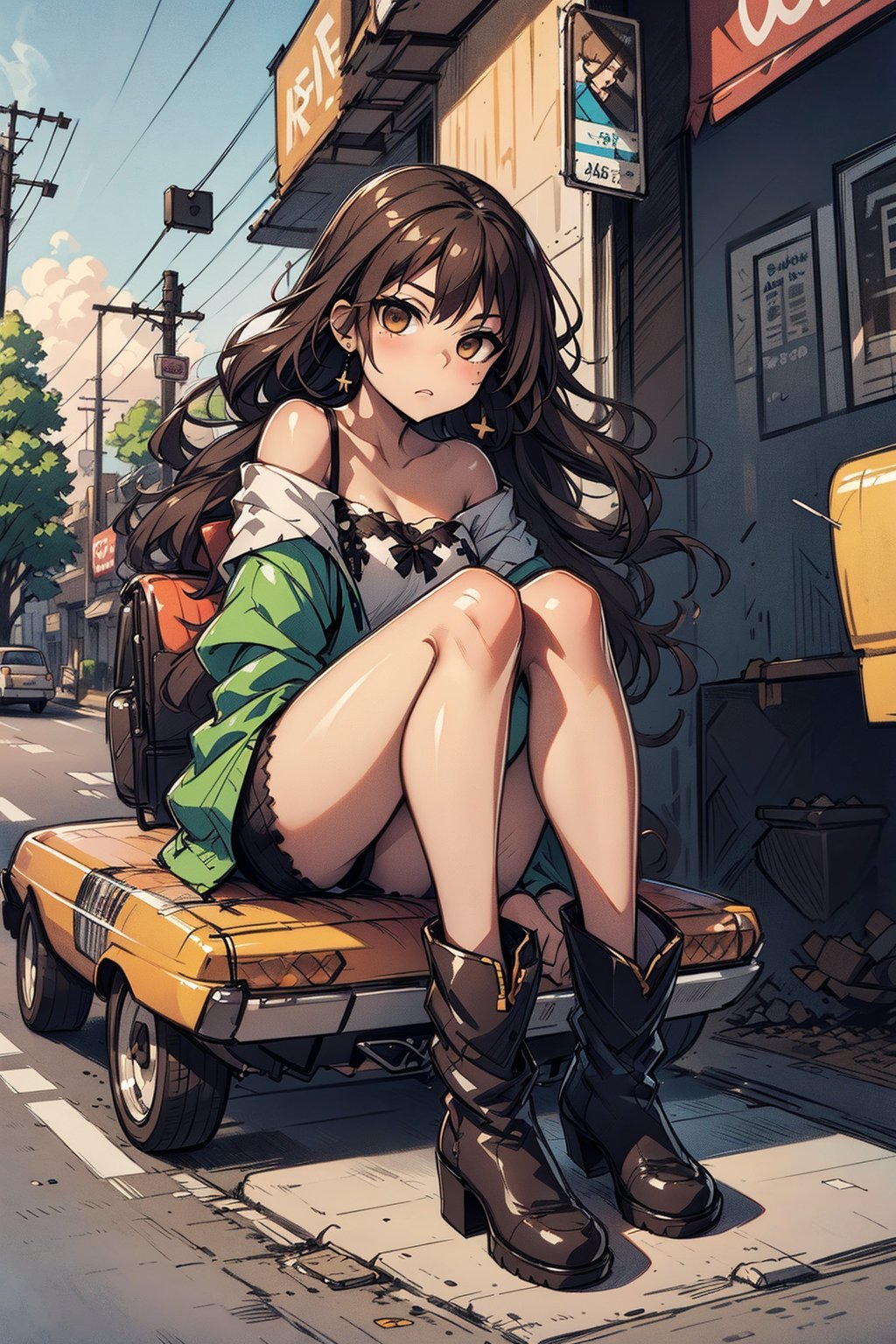 1girl, solo, long hair, looking at viewer, brown hair, brown eyes, sitting, full body, boots, off shoulder, black footwear, ground vehicle, motor vehicle, ankle boots, car, photo background, photo inset