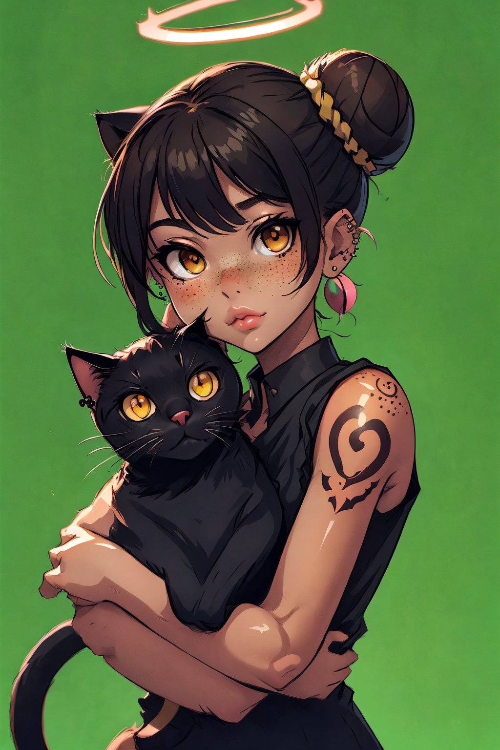 1girl, solo, looking at viewer, bangs, simple background, shirt, black hair, holding, brown eyes, jewelry, closed mouth, upper body, earrings, sleeveless, artist name, dark skin, hair bun, dark-skinned female, lips, black shirt, tattoo, animal, halo, piercing, single hair bun, cat, freckles, green background, nose, arm tattoo, black cat, holding animal, holding cat, animal hug