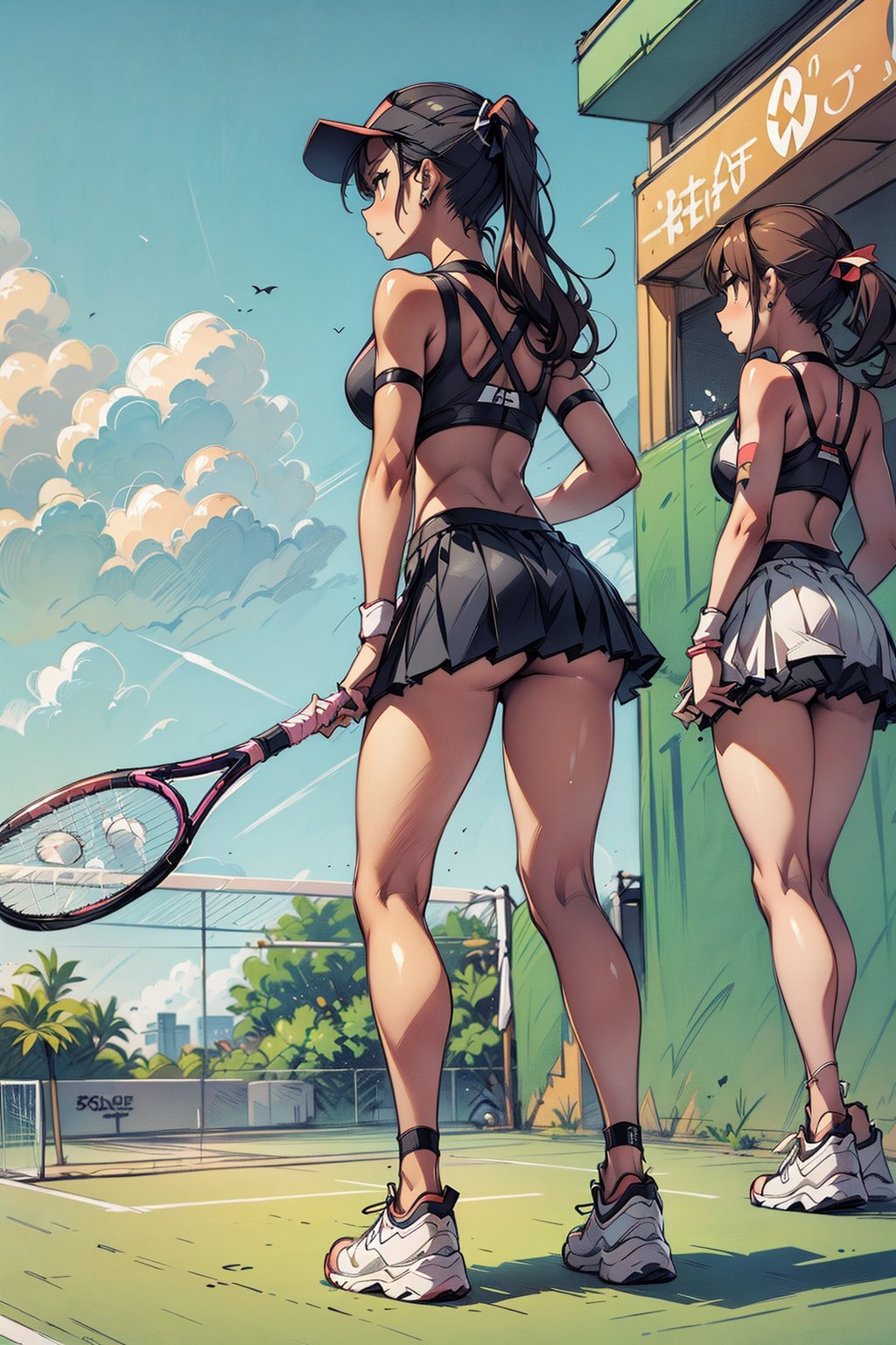 long hair, multiple girls, skirt, 2girls, racket, tennis racket