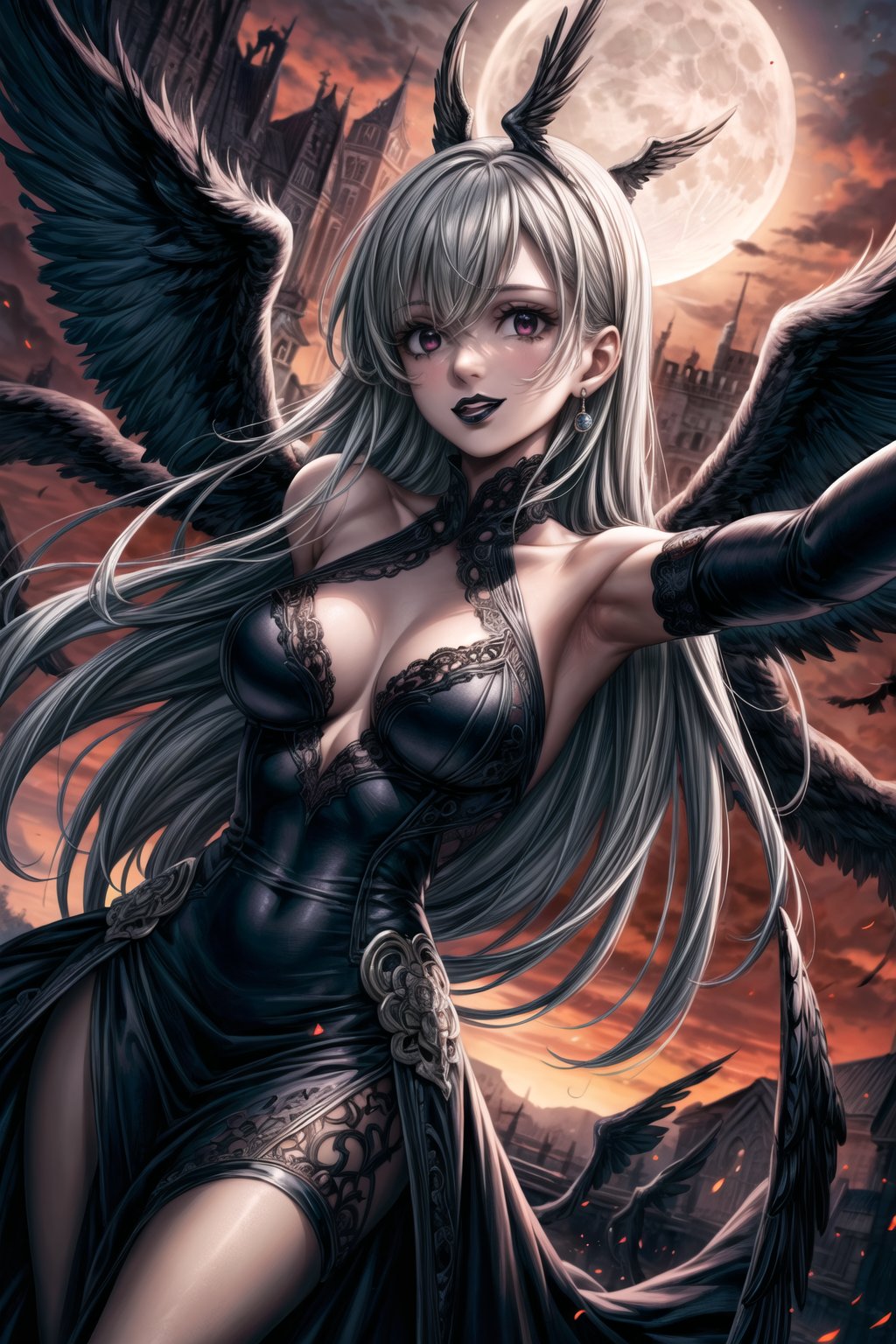 ((best quality)),  ((highly detailed)),  masterpiece,  ((official art)),  feathered wings, black wings, black lips ,lips, head mark,posing1.4, (arms outstretched:1.3), (dutch angle), smile, pose:1.2,elizabeth, bangs, long hair,black eyes:1.2, white hair, long hair, outdoor, sceney, , outdoors, wings, (intricate Black dress:1.4), (detailed eyes, deep eyes),  ((black wings)), demon,red sky, sky, ((moon,sunseat)), girl, outdoors, intricately detailed, hyperdetailed, blurry background, depth of field, best quality, masterpiece, intricate details, tonemapping, sharp focus, hyper detailed, trending on Artstation, 1 girl, high res, official art,fantasy00d