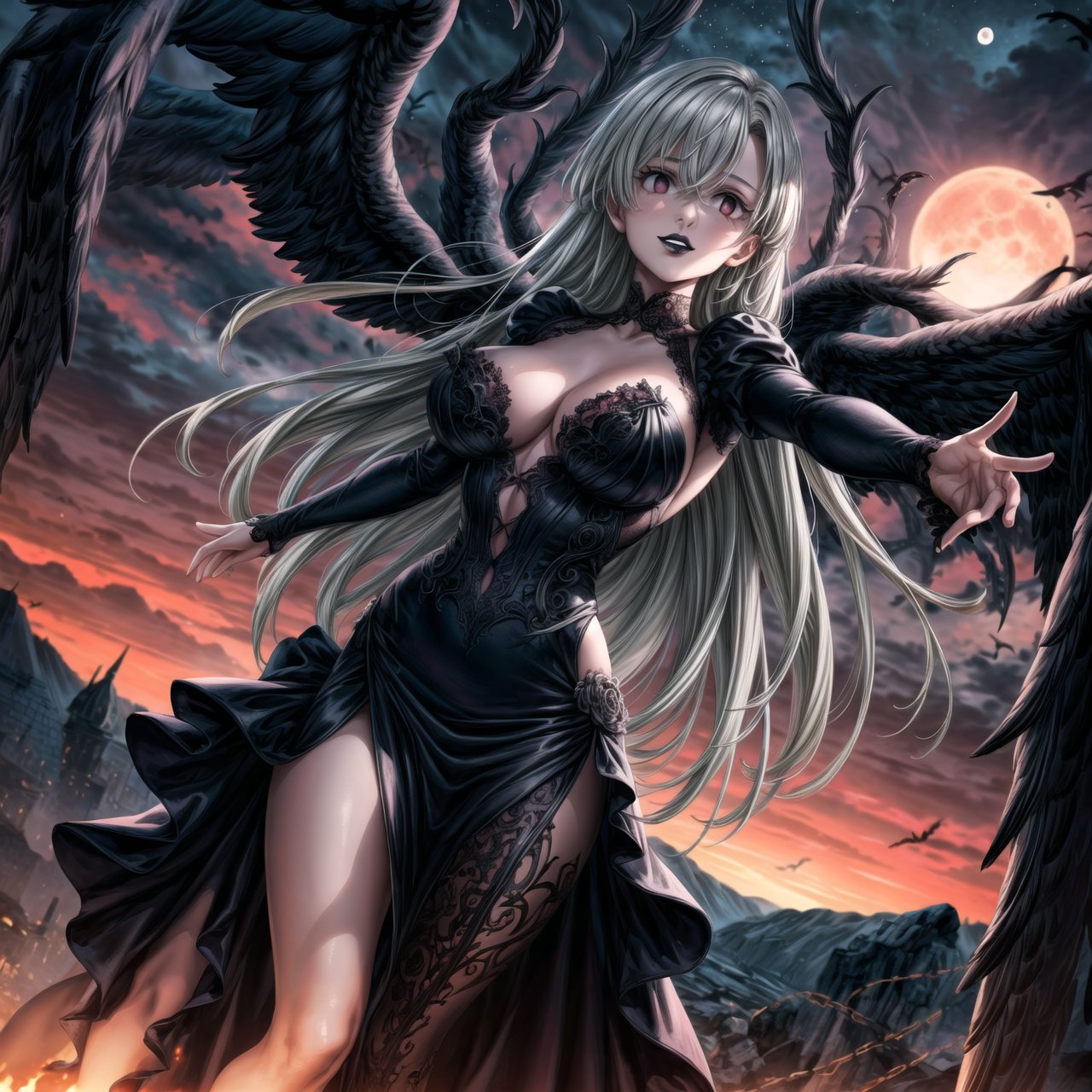 ((best quality)),  ((highly detailed)),  masterpiece,  ((official art)),  feathered wings, black wings, (black lips) ,lips,posing1.4, (arms outstretched:1.3), (dutch angle), evil smile, pose:1.2,elizabeth, bangs, long hair,black eyes:1.2, white hair, long hair, outdoor, sceney, , outdoors, wings,((gothic)), puffy_sleeves,long_sleeves, (long dress,intricate Black dress:1.4), (detailed eyes, deep eyes),  ((black wings)), red sky, sky, ((moon,sunseat)), girl, outdoors, intricately detailed, hyperdetailed, blurry background, depth of field, best quality, masterpiece, intricate details, tonemapping, sharp focus, hyper detailed, trending on Artstation, 1 girl, high res, official art,fantasy00d