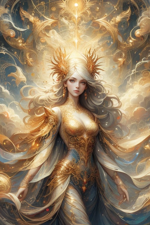 1 girl, 8k, masterpiece, ultra-realistic, best quality, high resolution, high definition,Create an image of a character with an ethereal and majestic appearance, featuring intricate golden patterns on their clothing, surrounded by swirling light and abstract celestial designs in the background. 
The character should have an elegant posture, with flowing garments and hair adorned with ornate accessories that give a regal and otherworldly impression.