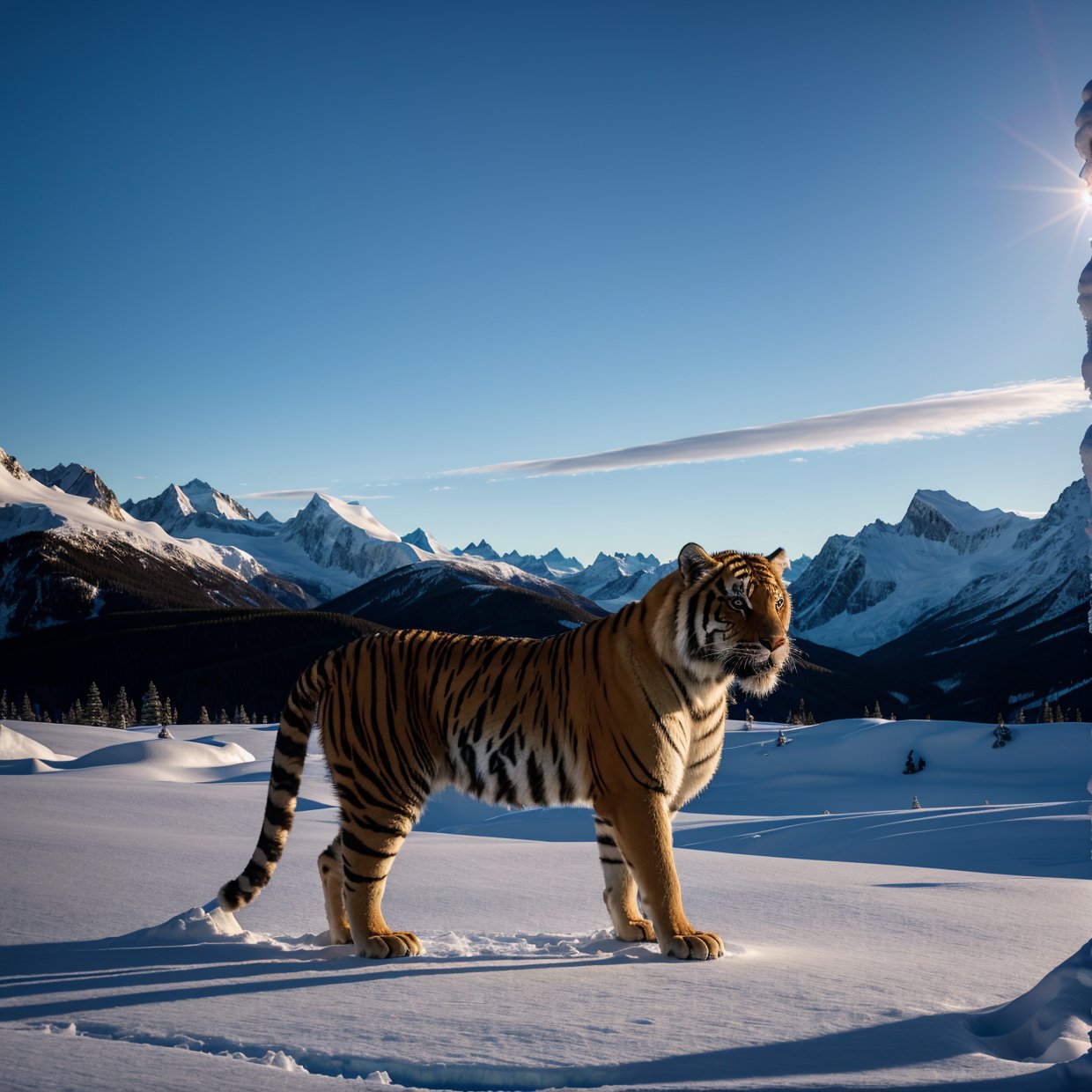 tiger in a glacial,(best quality,4k,8k,highres,masterpiece:1.2),ultra-detailed,(realistic,photorealistic,photo-realistic:1.37),wild animal, majestic creature,ice sculptures, sparkling snow, majestic mountains, frigid atmosphere, ice crystals, glistening icicles, dense forest in the background, piercing eyes, ferocious presence, frozen landscape, serene silence, icy blue color scheme, subtle lighting,add