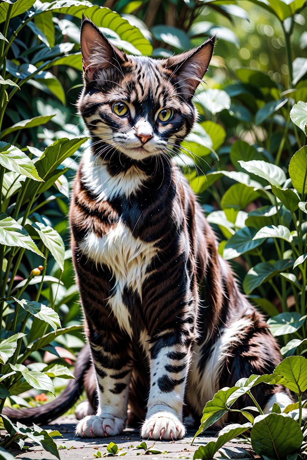 a beautiful, detailed cat sitting in a lush garden, sunlight filtering through the leaves, realistic fur texture, warm lighting, highly detailed, 8k, photorealistic, masterpiece, portrait