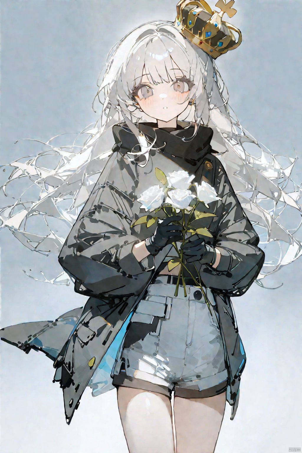 artist_ningen_mame,artist_ciloranko,artist_rhasta,best quality,(masterpiece),1girl, solo, 1girl, solo, long hair, looking at viewer, gloves, long sleeves, holding, flower, white hair, shorts, black gloves, coat, grey eyes, rose, crown, white flower, white rose,Cold beauty