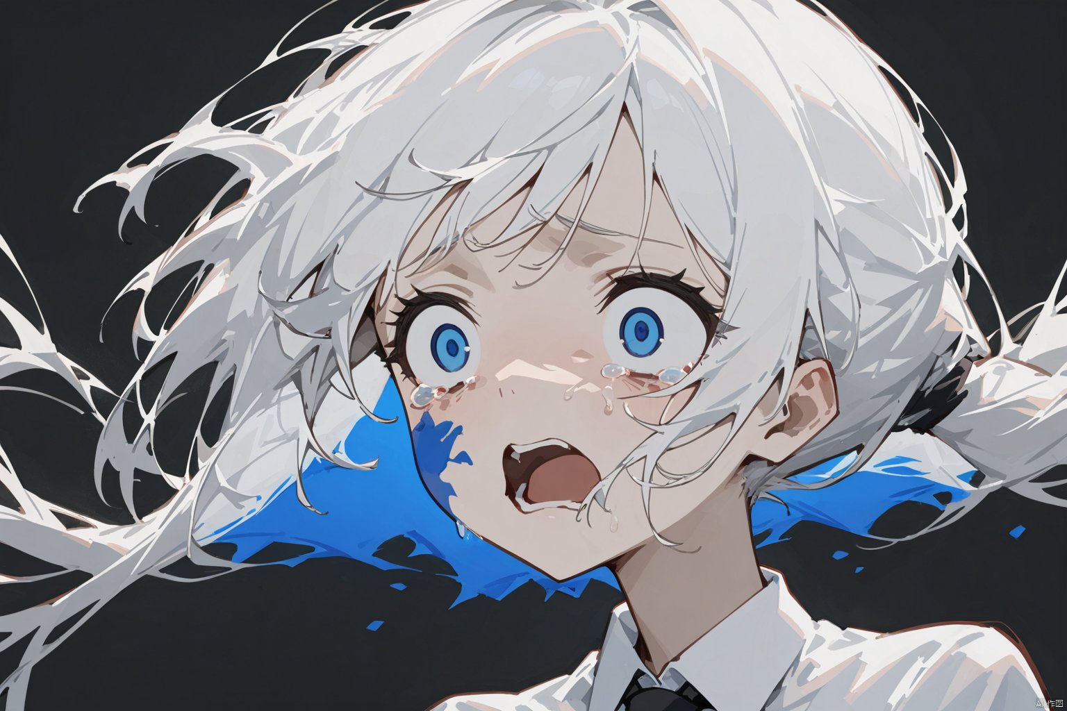  A girl,Long white hair, side ponytail, blue eyes, white pupil, white shirt, black tie, blue fluorescent stripe on face,robot, straight bangs, hidden dye, skinny, manic expression, open mouth, wide-eyed, tears, collapse, close-up of face,looking at the audience, anime style, chaos, big perspective,the Collapse,Current, Blue Fluorescence, Light Particles,Light and shadow contrast, transparent plastic textured ,Human skeleton,transparent, artistic,exaggerated expression,(black background), character ,masterpiece, very detailed, beautiful face,masterpiece, best quality, white hair, girl, transparent,shock, sorrow,Eyes,close-up of the face,