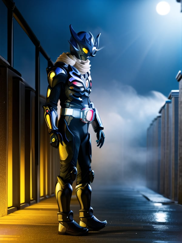 beautiful, detailed lighting, masterpiece, bloom, beautiful background, empty street, night, night time, moonlight, bloom, light rays, ((fog)), (kamenriderdread), yellow eyes, (black helmet), helmet, white scarf, black bodysuit, black armor, black gloves, hands, rider belt, glowing eyes, glowing eyes, yellow details, ((flowing scarf)), tattered scarf,  scarf with holes, looking down, closed hands, low angle,