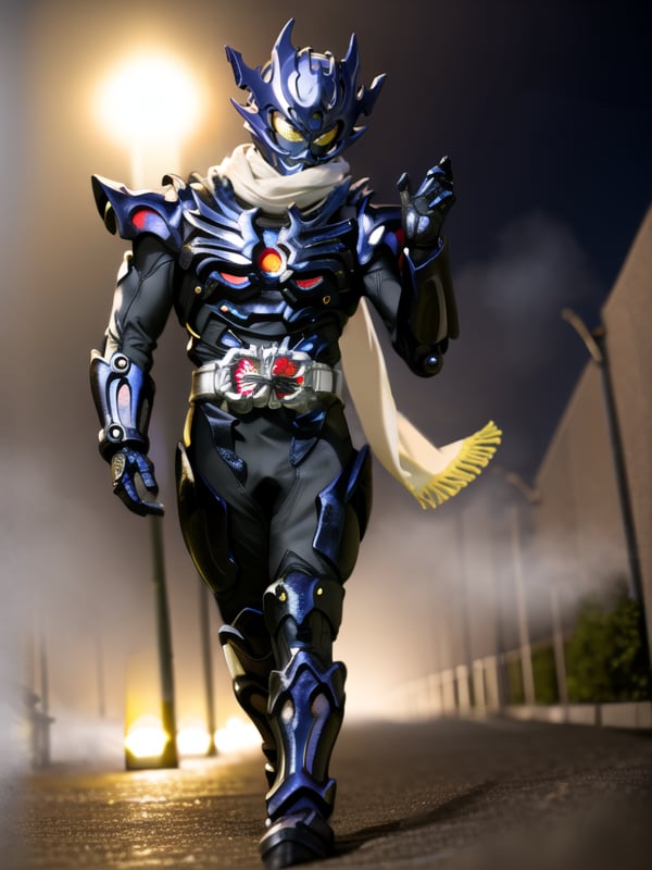 beautiful, detailed lighting, masterpiece, bloom, beautiful background, empty street, night, night time, moonlight, bloom, light rays, ((fog)), ((kamenriderdread)), yellow eyes, (black helmet), helmet, (((white scarf))), black bodysuit, black armor, black gloves, hands, rider belt, ((flowing scarf)), long white scarf, looking foward, front facing, hands closed, low angle,