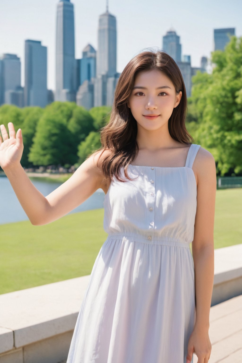 Young woman waving at the camera, Summer dress, City park, Skyline in the distance, Natural sunlight, Canon, 50mm, f/1.8, Pastel, Centered, Eye-level angle