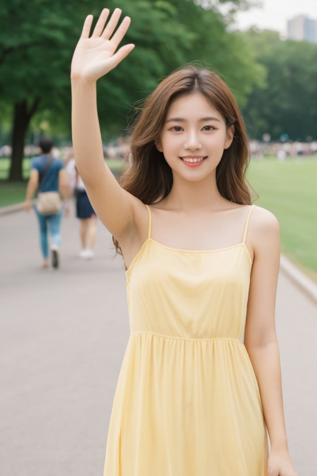 Young woman waving at the camera, Summer dress, City park, Skyline in the distance, Natural sunlight, Canon, 50mm, f/1.8, Pastel, Centered, Eye-level angle