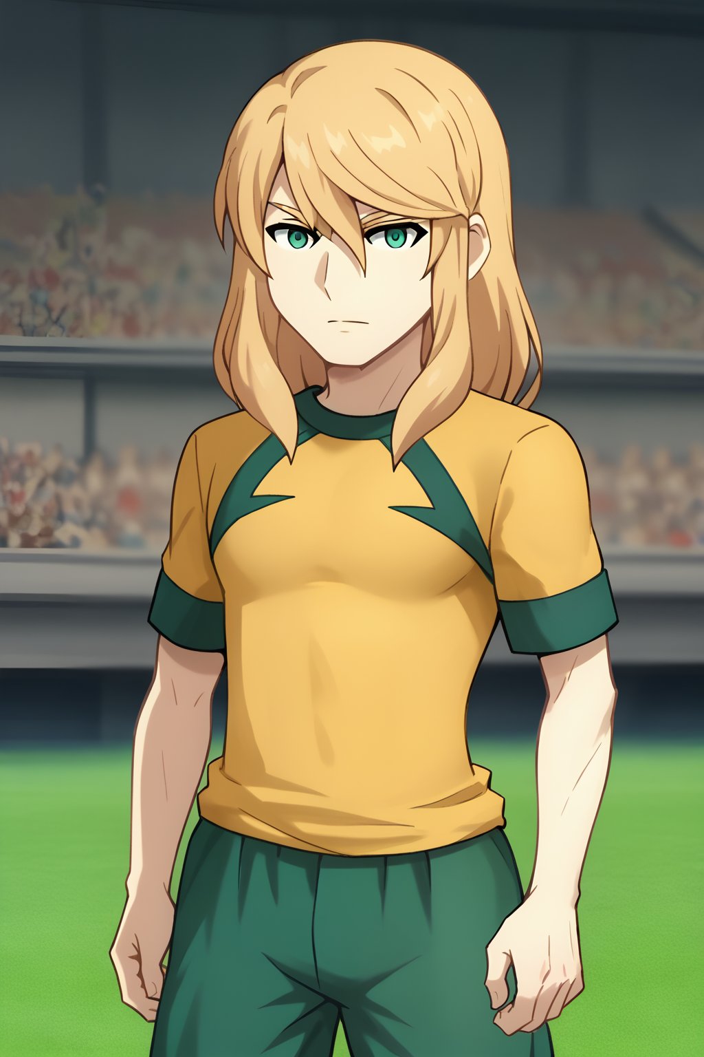 (1boy, solo, Cole_LaRuze, thinn man,  blonde hair, male focus, green eyes, long hair, soccer uniform, yellow shirt, green shorts, long hair, standing,looking at viewer, upper body),SFW