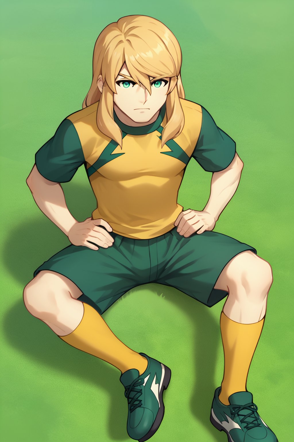 (1boy, solo, Cole_LaRuze, blonde hair, male focus, green eyes, soccer uniform, yellow shirt, green shorts, long hair, hands on hip, sitting in ground, yellow socks, green footwear, in the sea),score_9, score_8_up,SFW