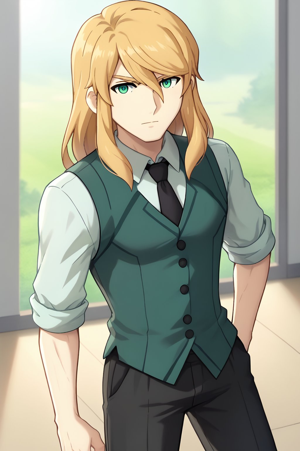 (1boy, solo, Cole_LaRuze, thinn man,  blonde hair, male focus, green eyes, long hair, collared shirt, white shirt,rolled up sleeves,  black necktie, black vest, black pants,  standing,looking at viewer),SFW
