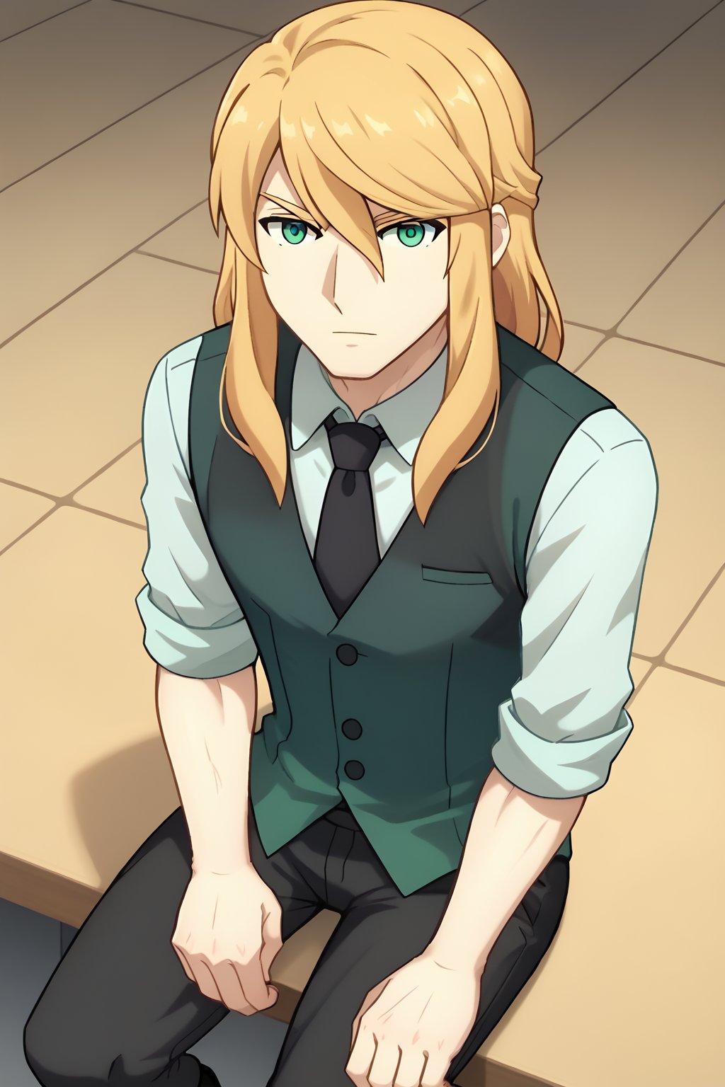 (1boy, solo, Cole_LaRuze, thinn man,  blonde hair, male focus, green eyes, long hair, collared shirt, white shirt,rolled up sleeves,  black necktie, black vest, black pants,  standing,looking at viewer, sitting, black boots),SFW