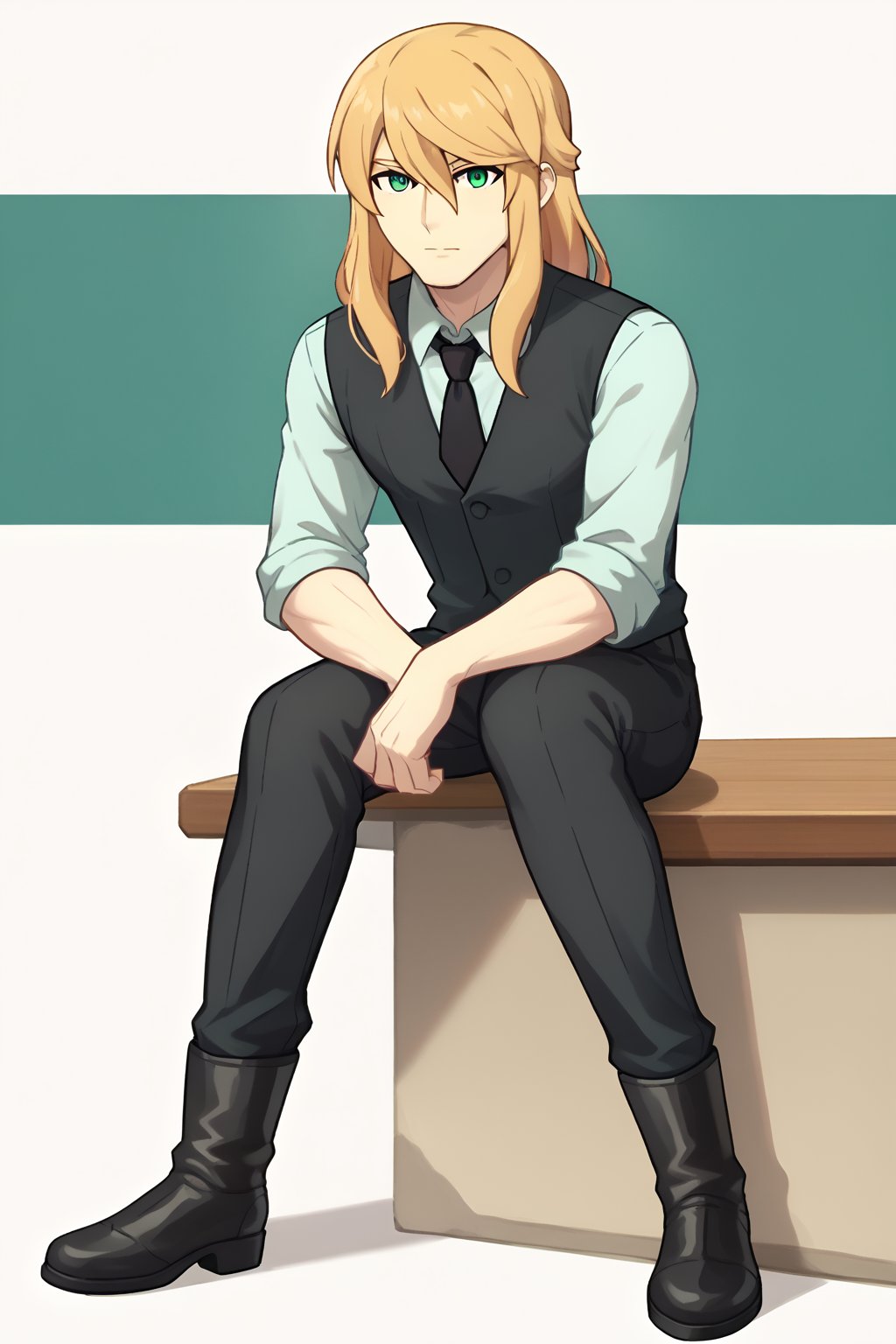 (1boy, solo, Cole_LaRuze, thinn man,  blonde hair, male focus, green eyes, long hair, collared shirt, white shirt,rolled up sleeves,  black necktie, black vest, black pants,  standing,looking at viewer, sitting, black boots, full body),SFW